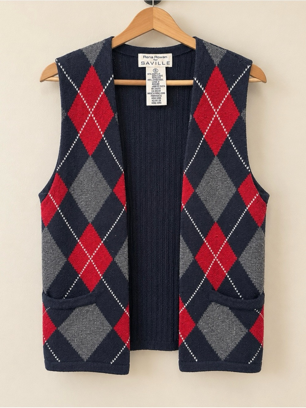 Rena Rowan Navy Red Gray Argyle Knit Vest Cardigan